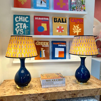 yellow block lampshade on navy lamps