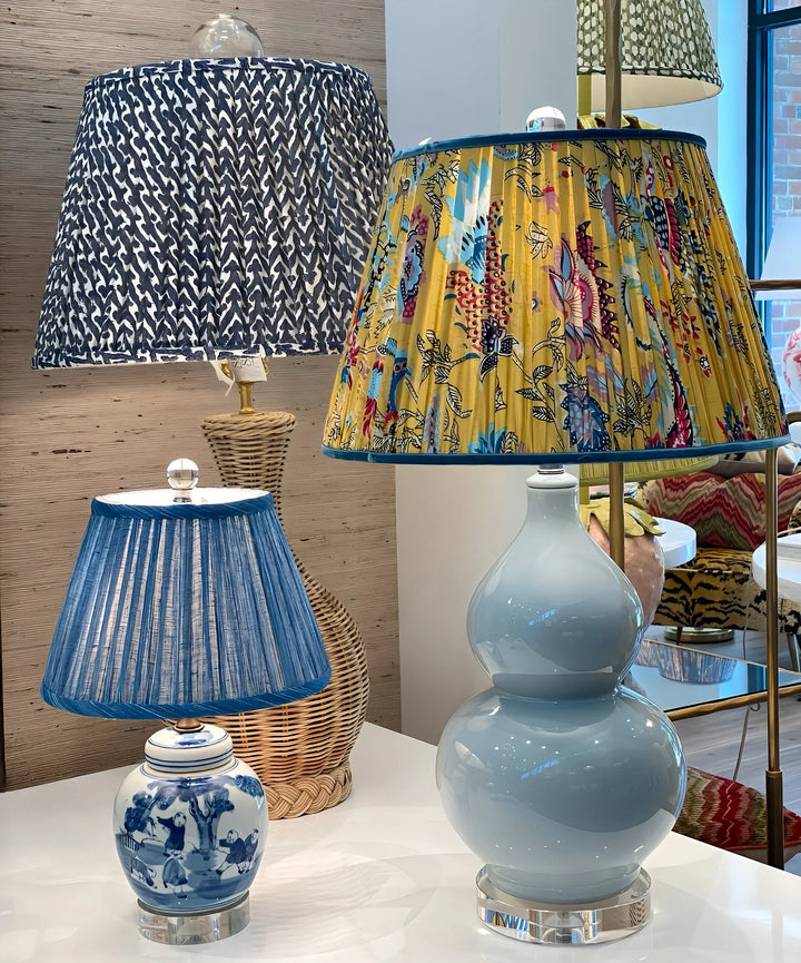 Teal & Blue Flower on Yellow Block Print Lampshade With Velvet Trim