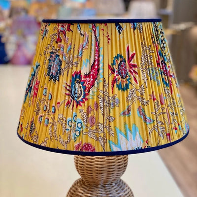 Yellow Block Print Lampshade with blue trim