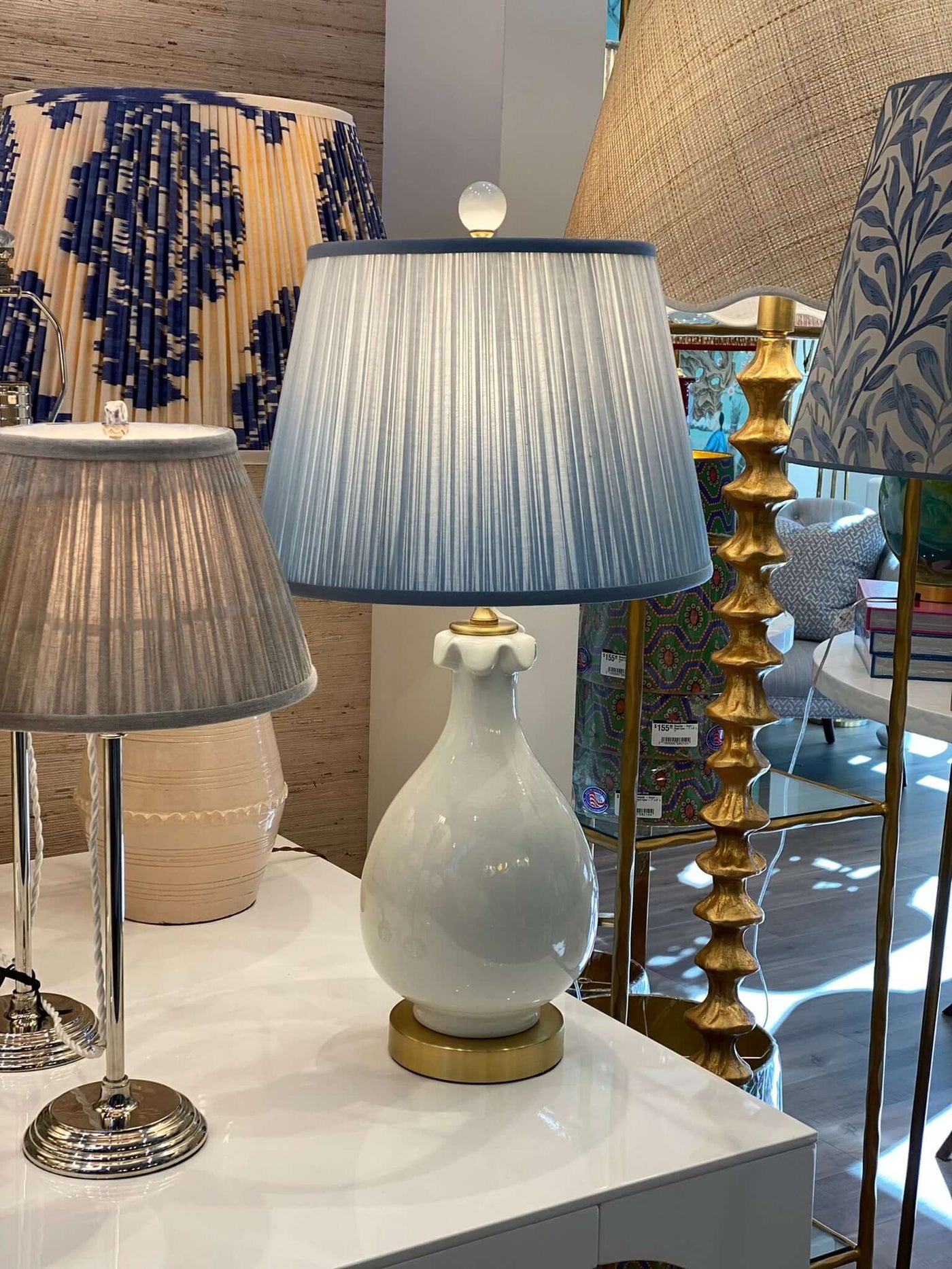 White Porcelain Vase Lamp with Blue Ombre lampshade