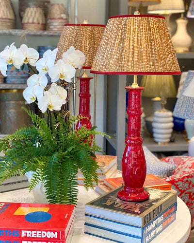 Penny Morrison Red Lamp with Brown and White Spot Lampshade