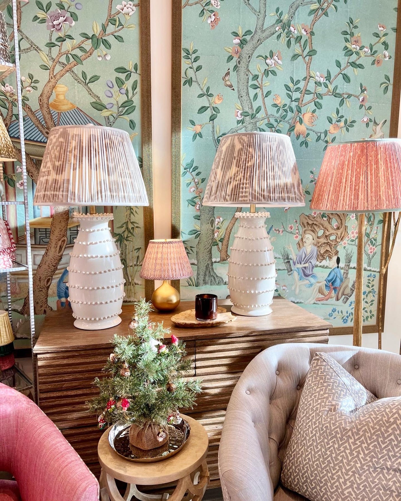 Large Celerie Kemble lamps and ikat lampshades