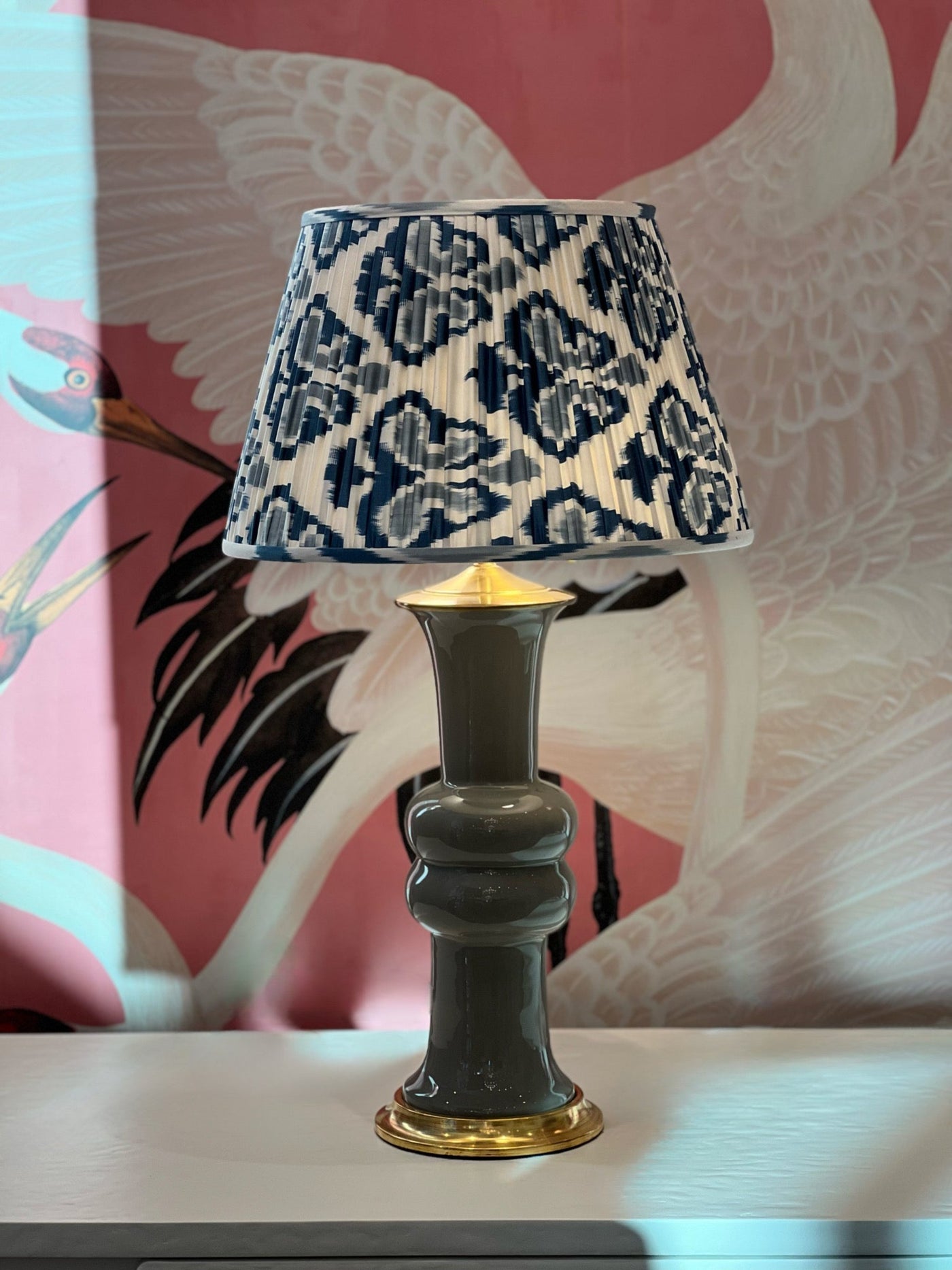 Blue and White ikat lampshade and Christopher Spitzmiller lamp