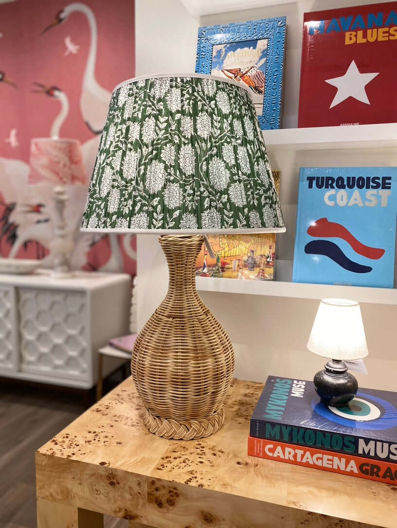 Rattan Lamp with Green and White Block Print Lampshade
