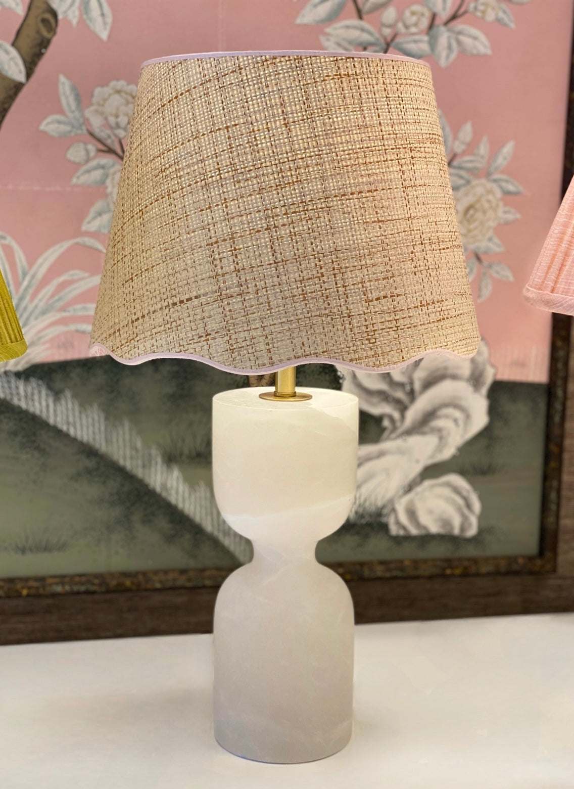 Scalloped Raffia Lampshade with Light Pink Trim
