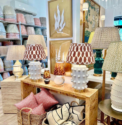 Brown and white ikat lampshades on Kelly Wearstler lamps