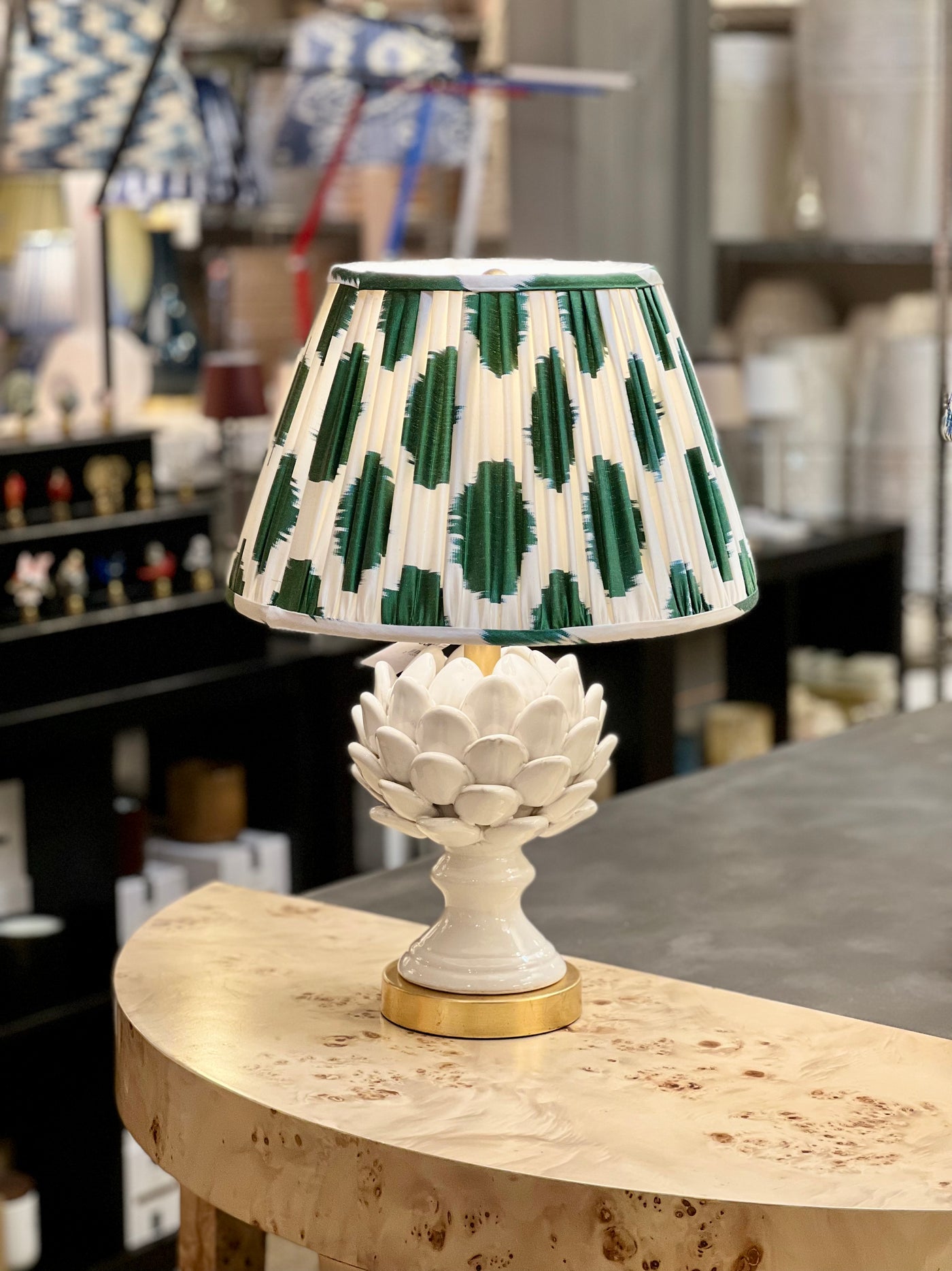 Green and white ikat lampshade and artichoke lamp