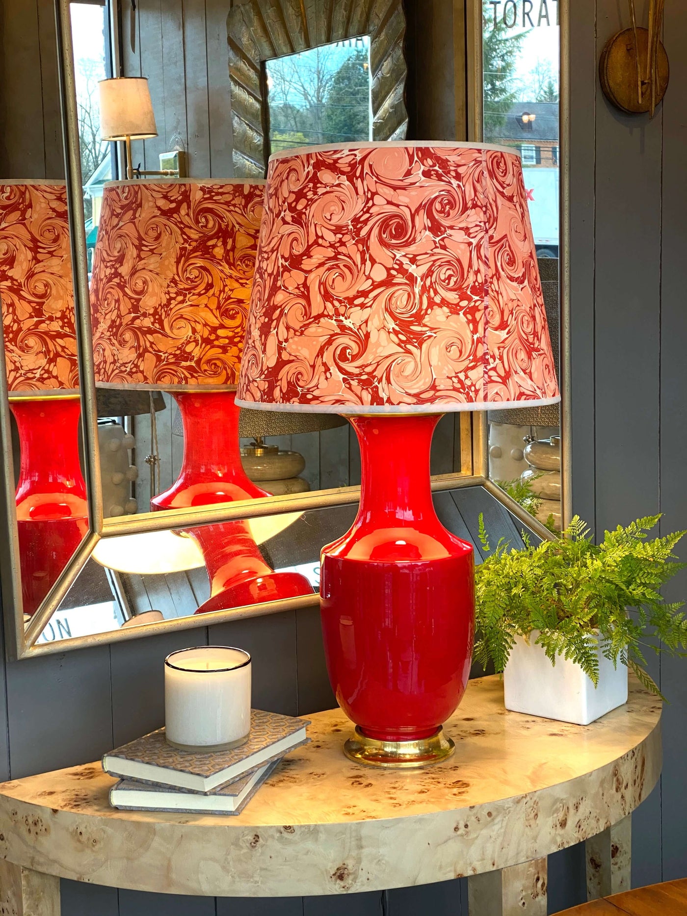 Pink and Red Marbled Paper lampshade on Red Christopher Spitzmiller Lamp