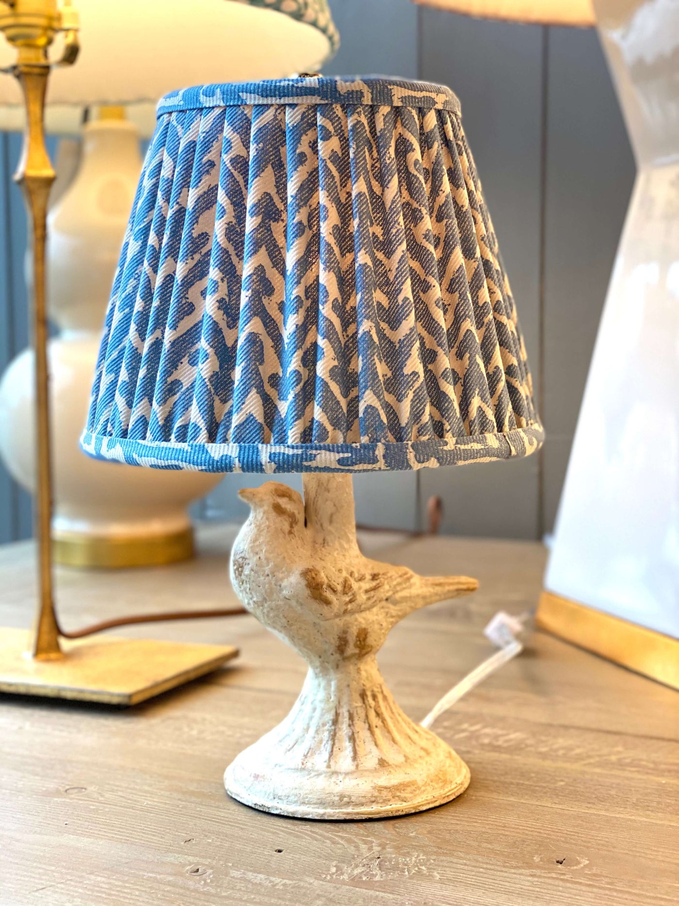 Small Bird Lamp with Fermoie Blue Rabanna Lampshade