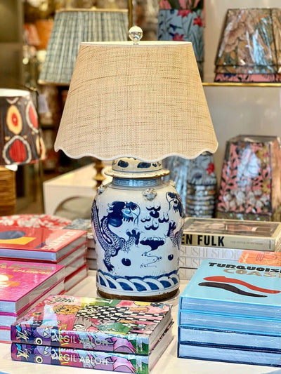 Blue and White Dragon Ginger Jar Lamp with Scalloped Raffia Lampshade