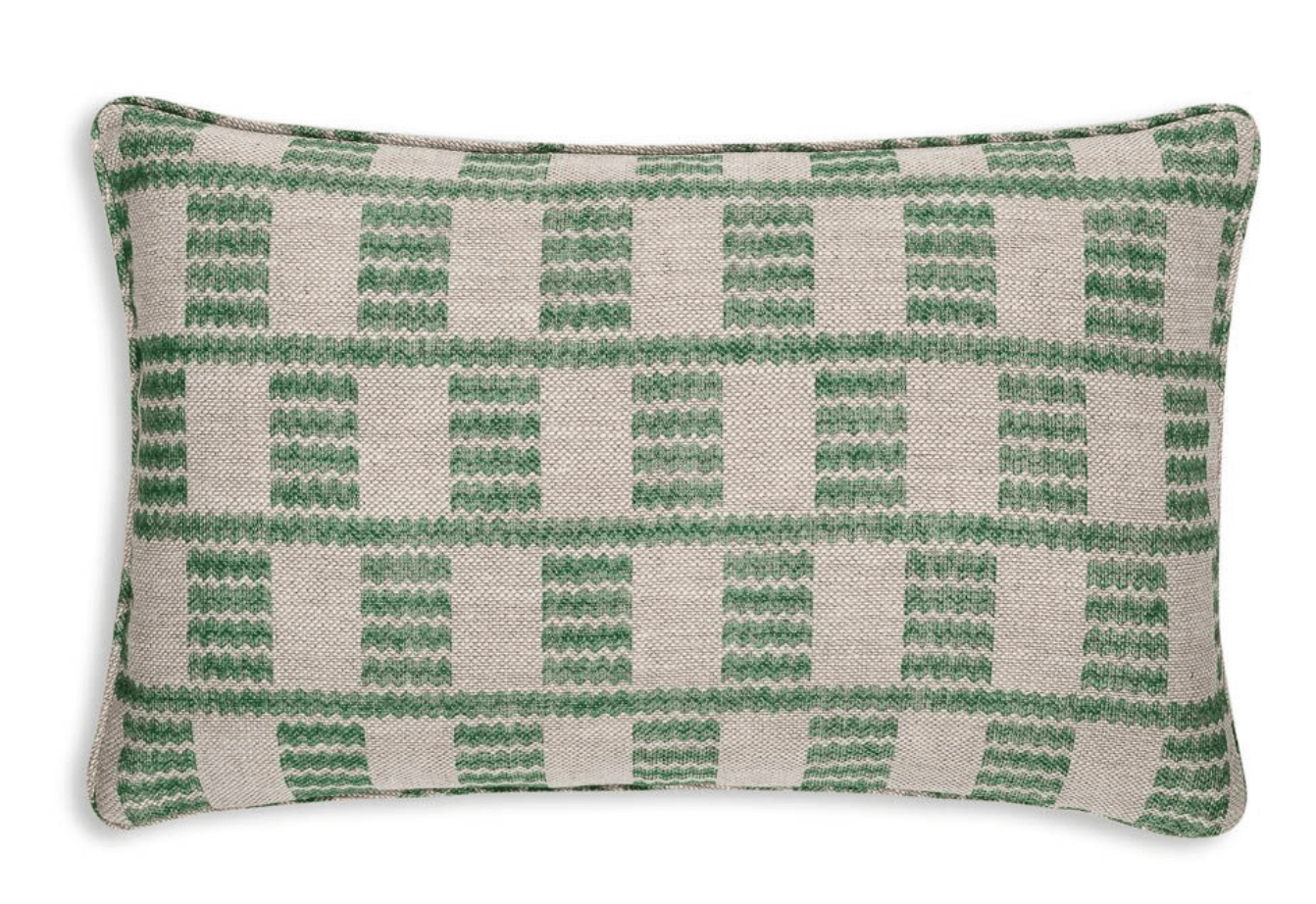 Large oblong designer Fermoie cushion in Green Cove fabric linen