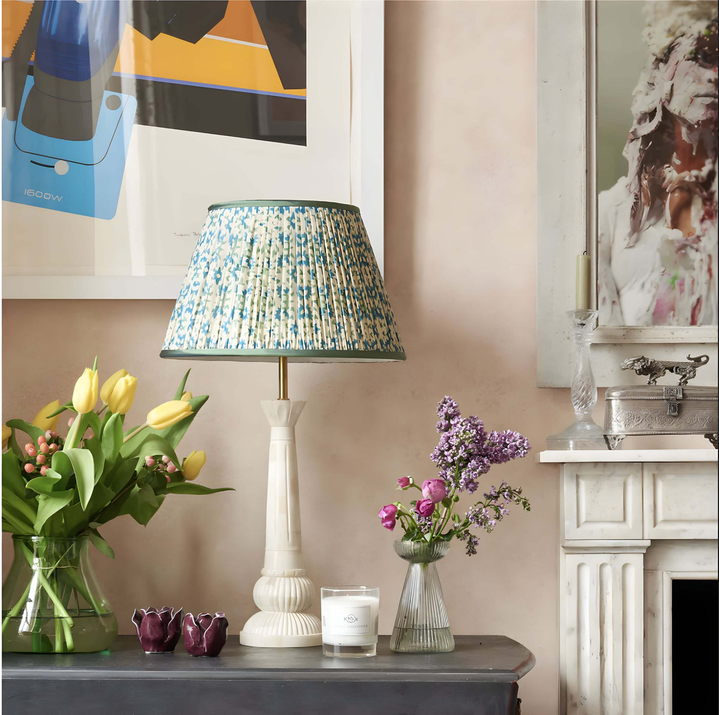 Penny Morrison Bone Lamp with Green and Blue Lampshade