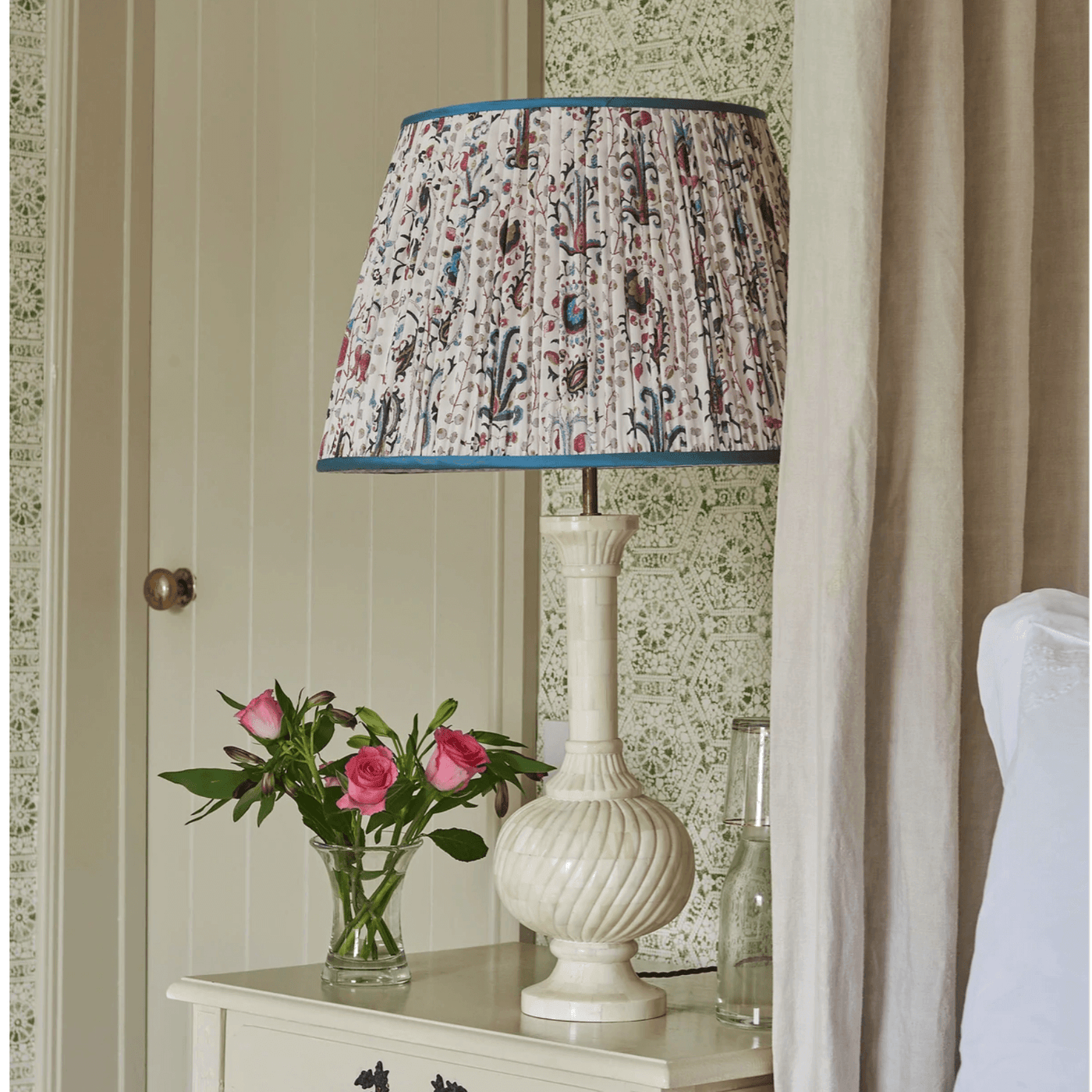 Penny Morrison Mughal Pleated Silk Lampshade with Light Blue Trim