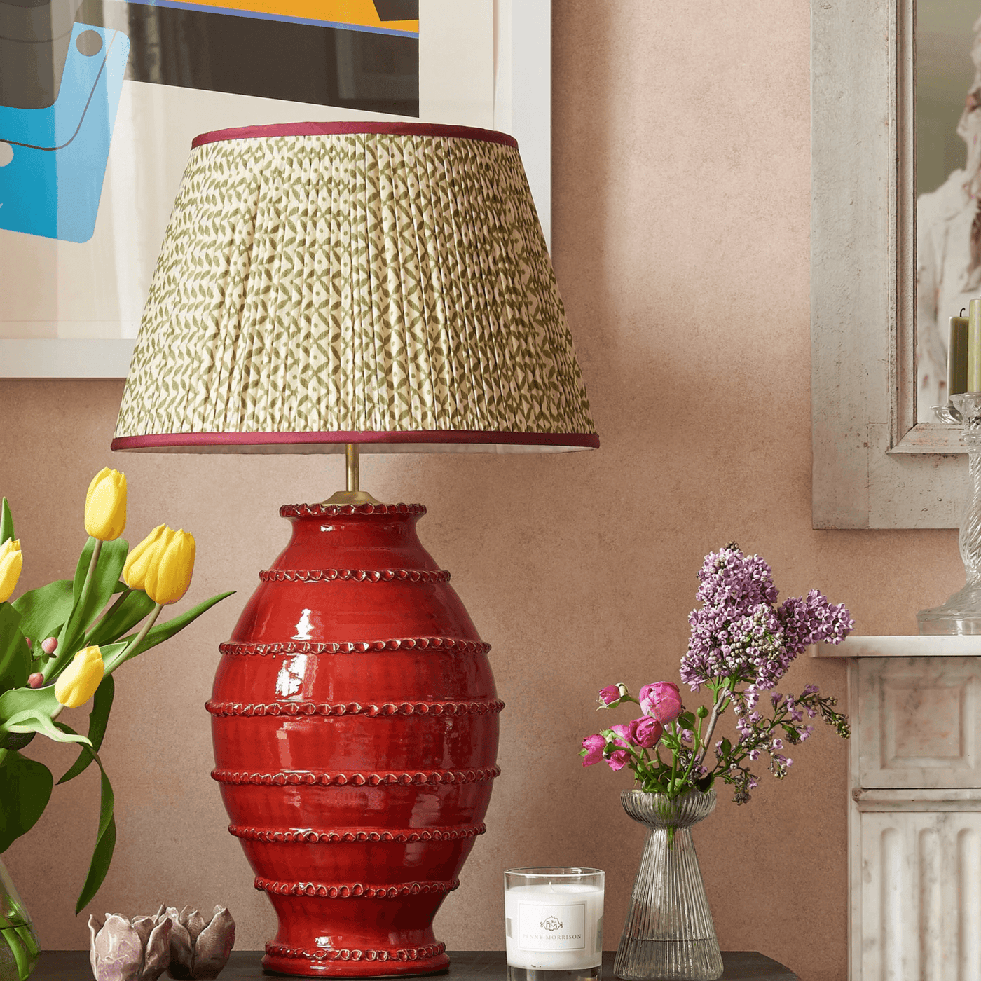 Penny Morrison Green Trellis Pleated Silk Lampshade with Red Trim