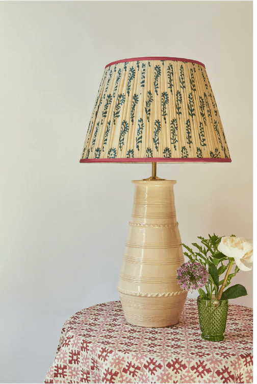 Penny Morrison Cream and Blue Flower Pleated Silk Lampshade with Pink