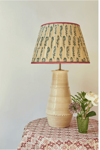 Penny Morrison Cream and Blue Flower Pleated Silk Lampshade with Pink Trim