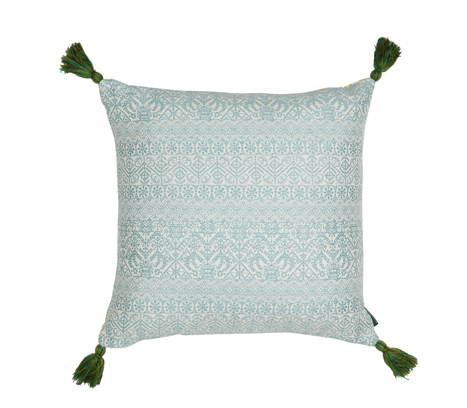 Penny Morrison Buriam Light Blue and Ashok Yellow Cushion with Green Tassels