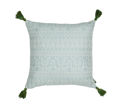Penny Morrison Buriam Light Blue and Ashok Yellow Cushion with Green Tassels