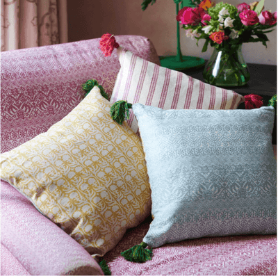 Penny Morrison Light Blue and Ashok Yellow Cushion with Green Tassels