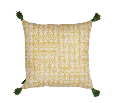 Penny Morrison Buriam Light Blue and Ashok Yellow Cushion with Green Tassels