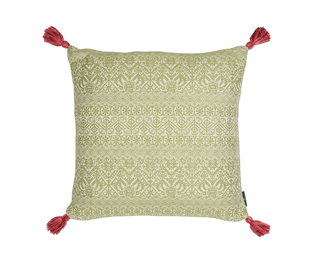 Penny Morrison Buriam Lime and Ticking Stripe Rose Cushion with Pink Tassels