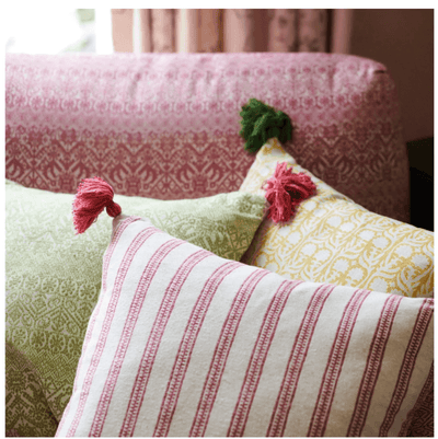 Penny Morrison Buriam Lime and Ticking Stripe Rose Cushion with Pink Tassels