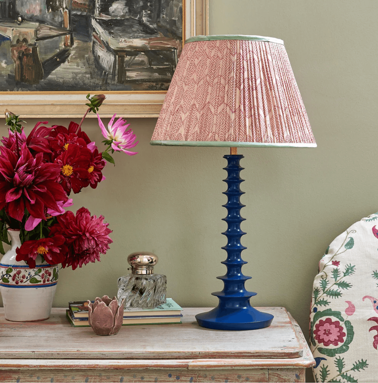 Penny Morrison Blue Lacquer Lamp with Pink and Green Penny Morrison Lampshade