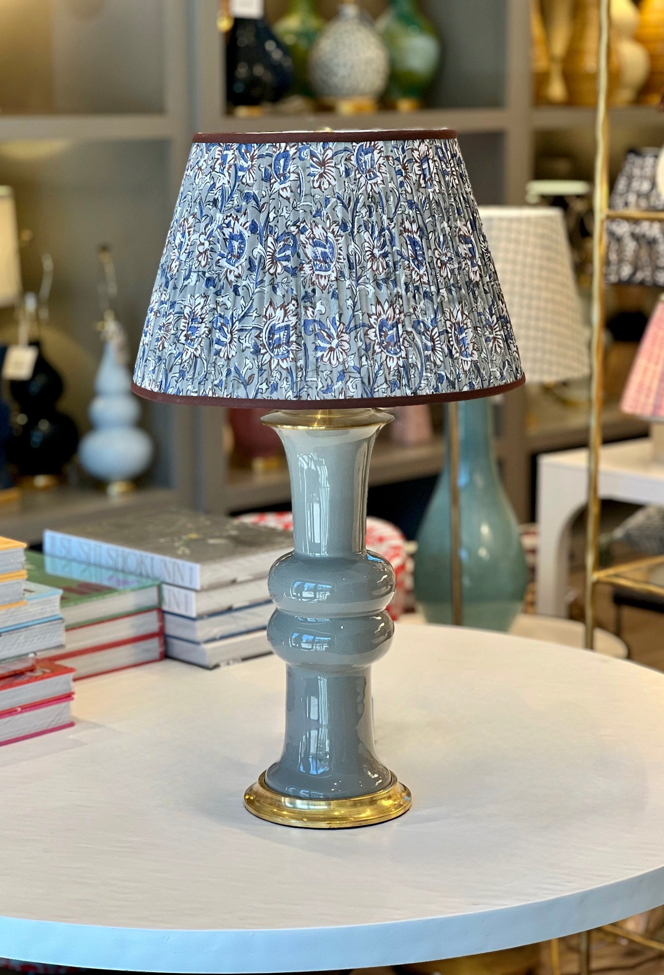 Grey Block Print Lampshade on a grey lamp
