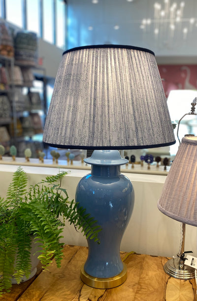 Porcelain Blue Lamp with Lavender Block Print Lampshade
