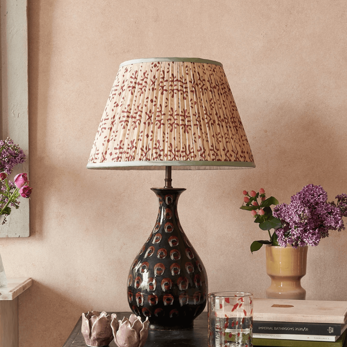 Penny Morrison Cream and Plum Patterned Silk Lampshade with Mint Trim