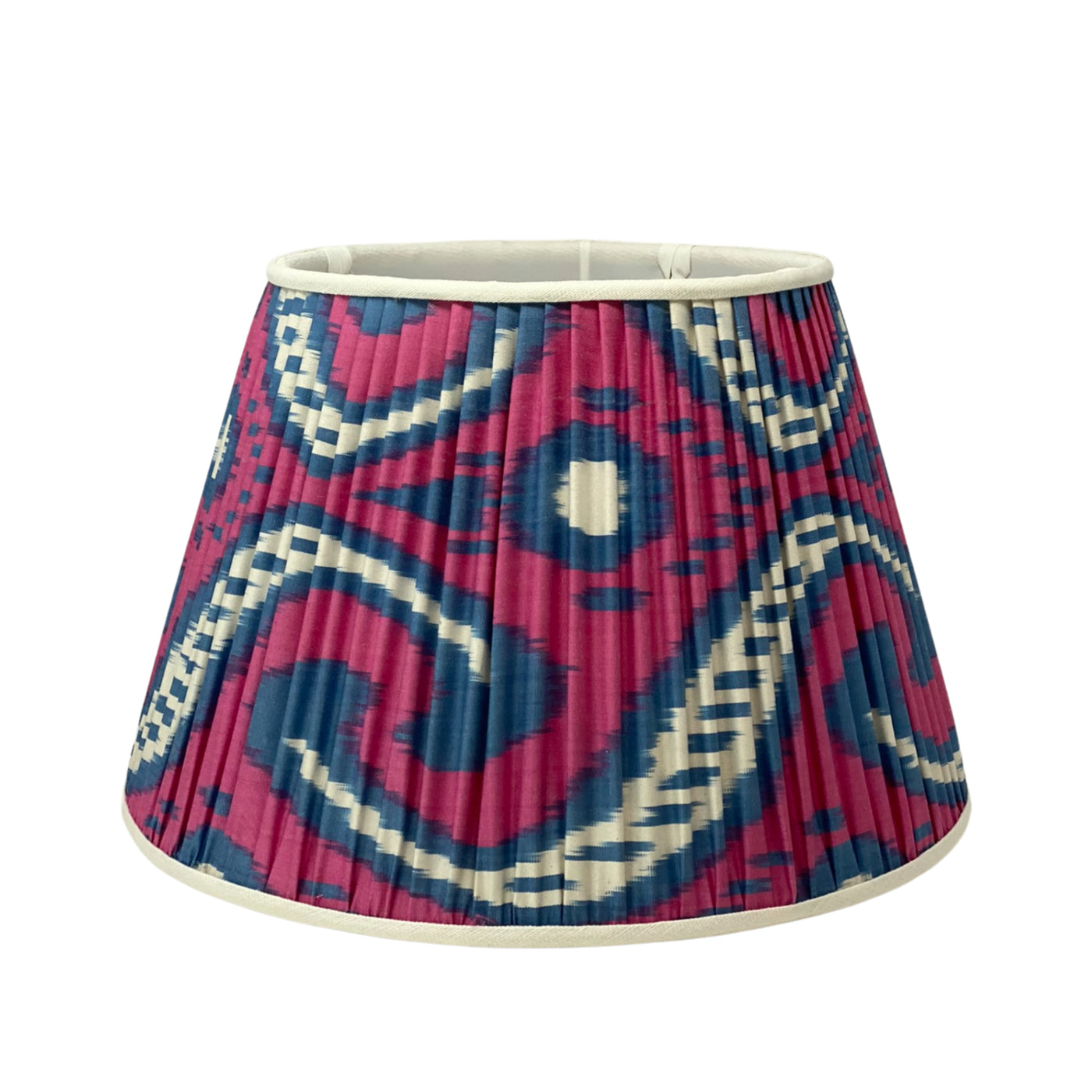 Pink and Blue Ikat Lampshade with white trim