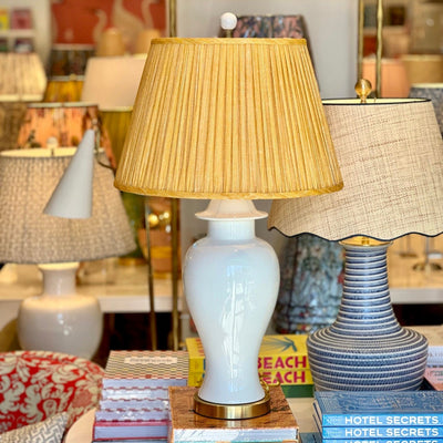 White temple jar lamp and Yellow Fermoie Lampshade